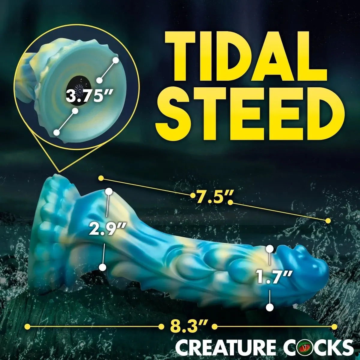Blue and yellow sex toy with measurements and 'Tidal Steed' branding on a dark background