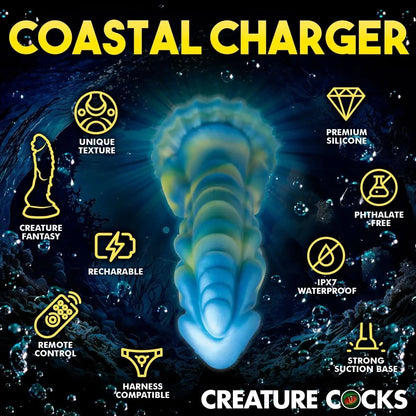 Product advertisement for 'Coastal Charger' with features highlighted on a dark background.