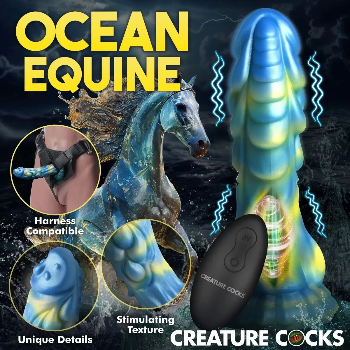 Product advertisement for 'Ocean Equine' by Creature Cocks with a horse design and product details.