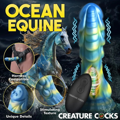 Product advertisement for 'Ocean Equine' by Creature Cocks with a horse design and product details.