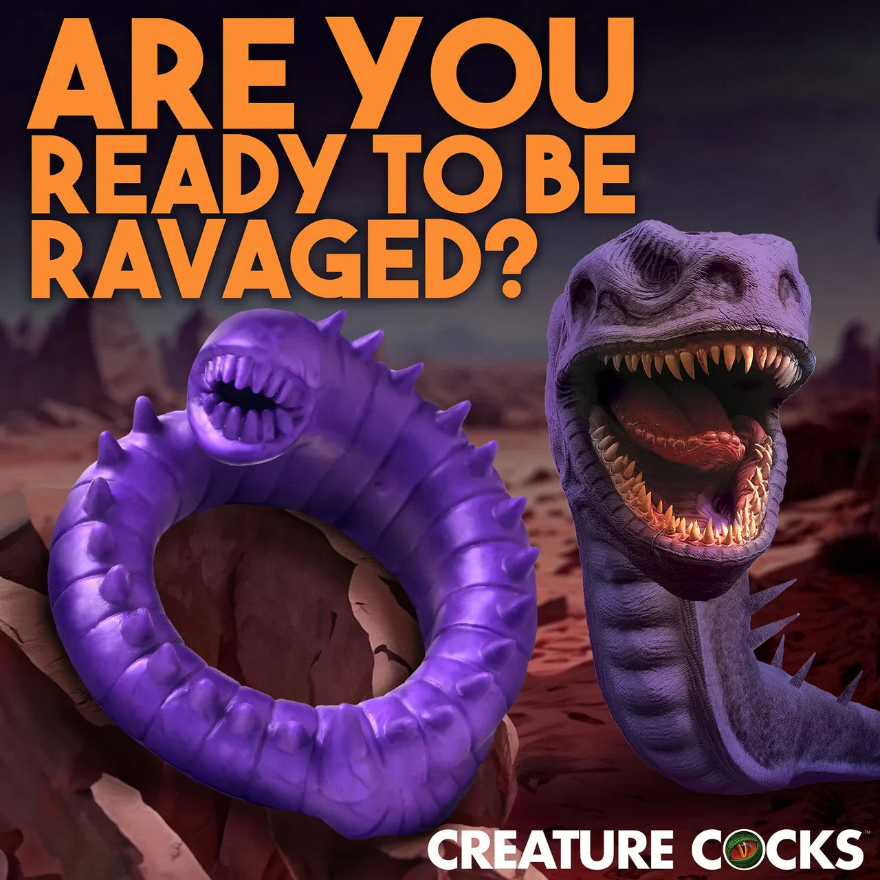 Purple creature cock ring with open mouth and text 'Are you ready to be ravaged?' on a desert landscape background.