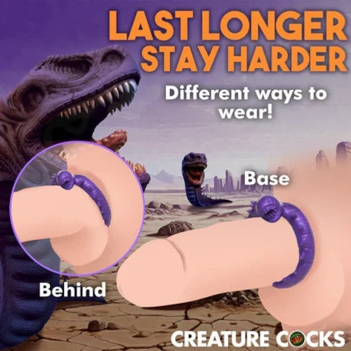 cock ring advertisement with a dinosaur and text about 'Creature Cocks' product features.