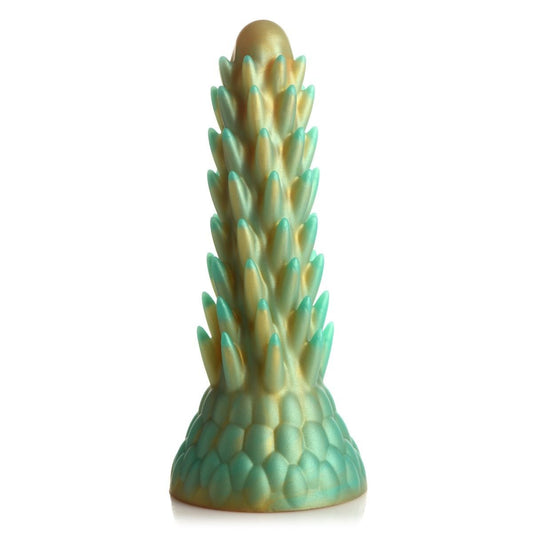 Teal and gold textured spiked dildo on a white background
