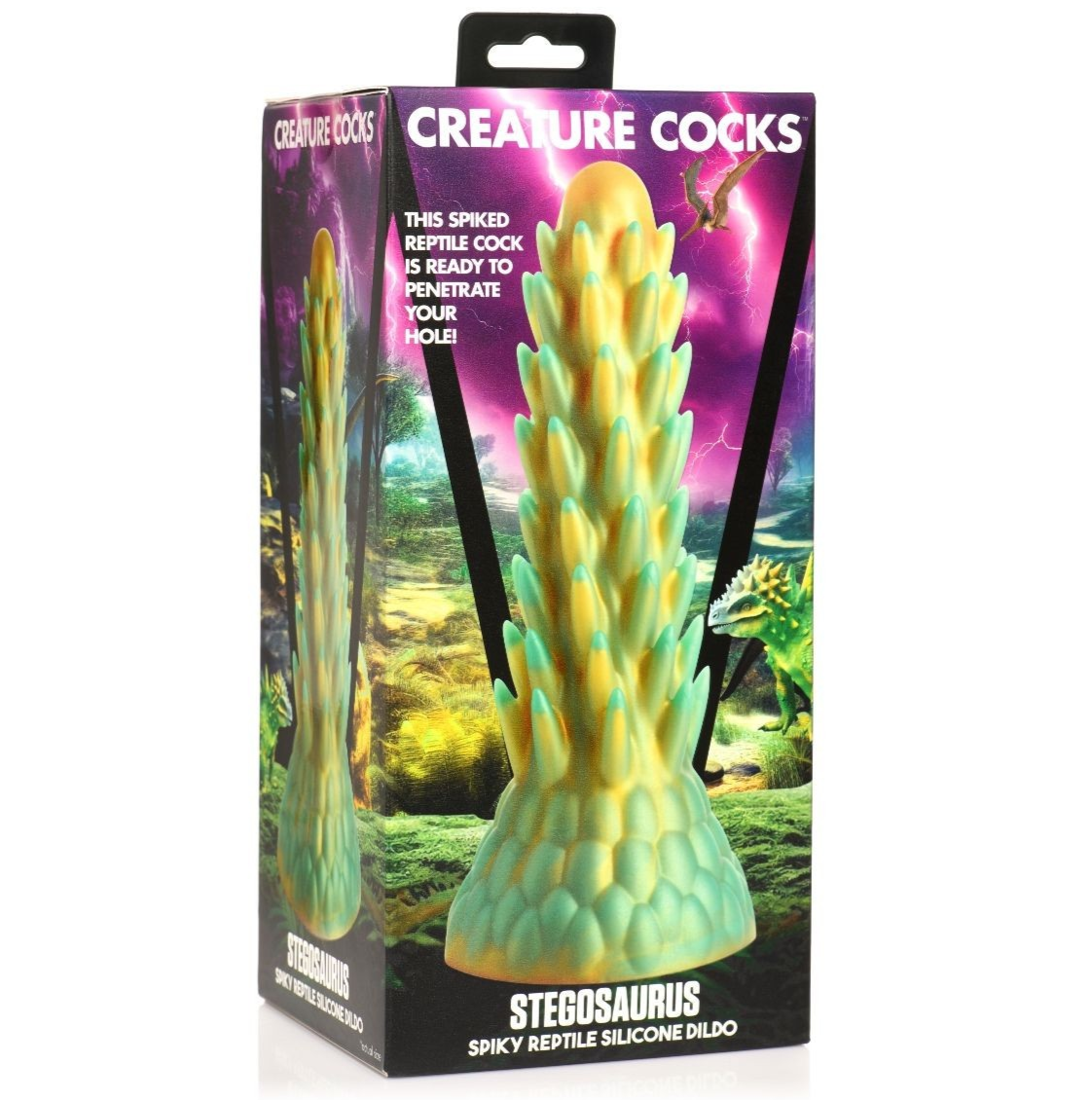 Silicone dildo packaging with 'Creature Cocks' branding on a white background