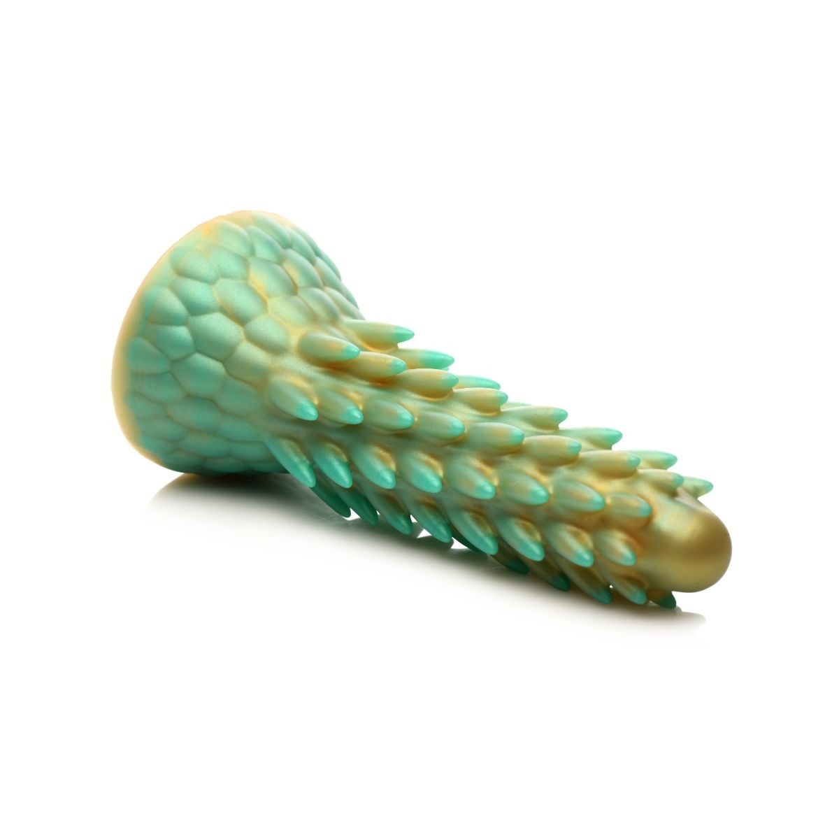 Teal and gold textured dildo on a white background