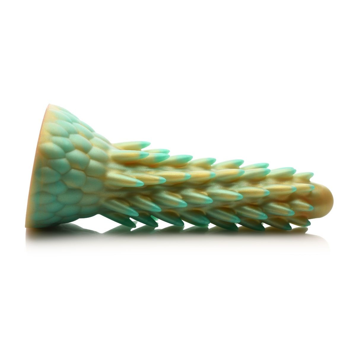 Teal and yellow spiked dildo on a white background