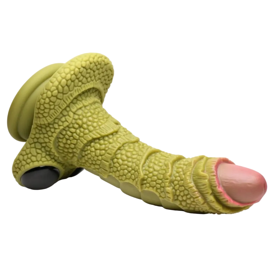 Green textured dildo with pink end on a white background