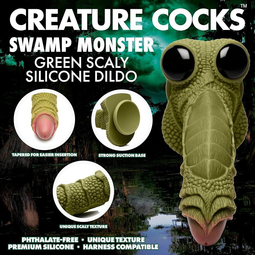 Green silicone dildo with creature design on a dark background