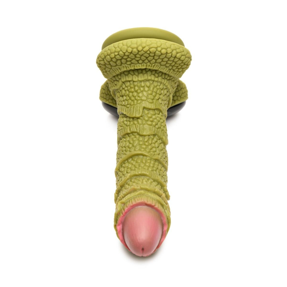 Green textured dildo with pink tip on a white background
