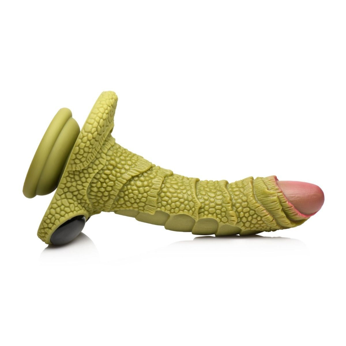 Green textured creature dildo on a white background