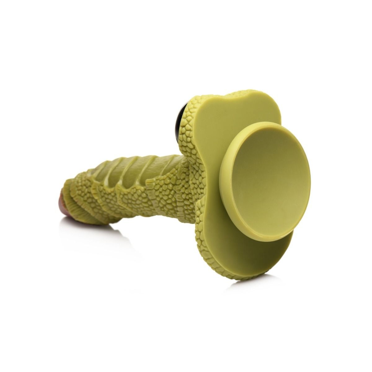 Green textured dildo with a suction cup base on a white background