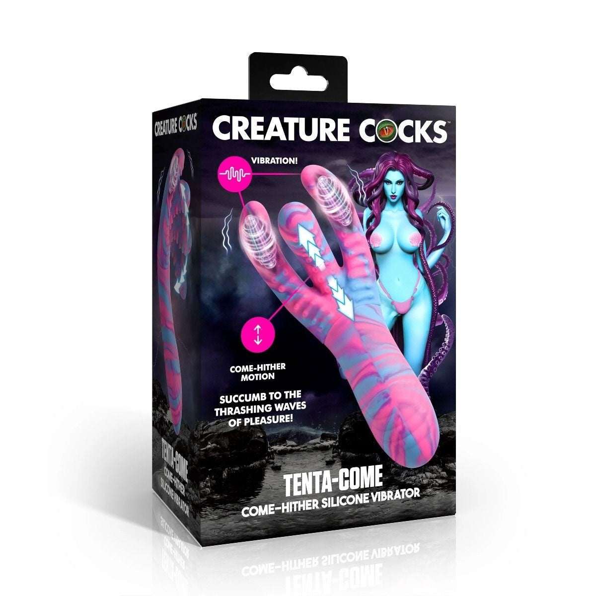 Boxed Tenta-Come silicone vibrator with creature design on packaging