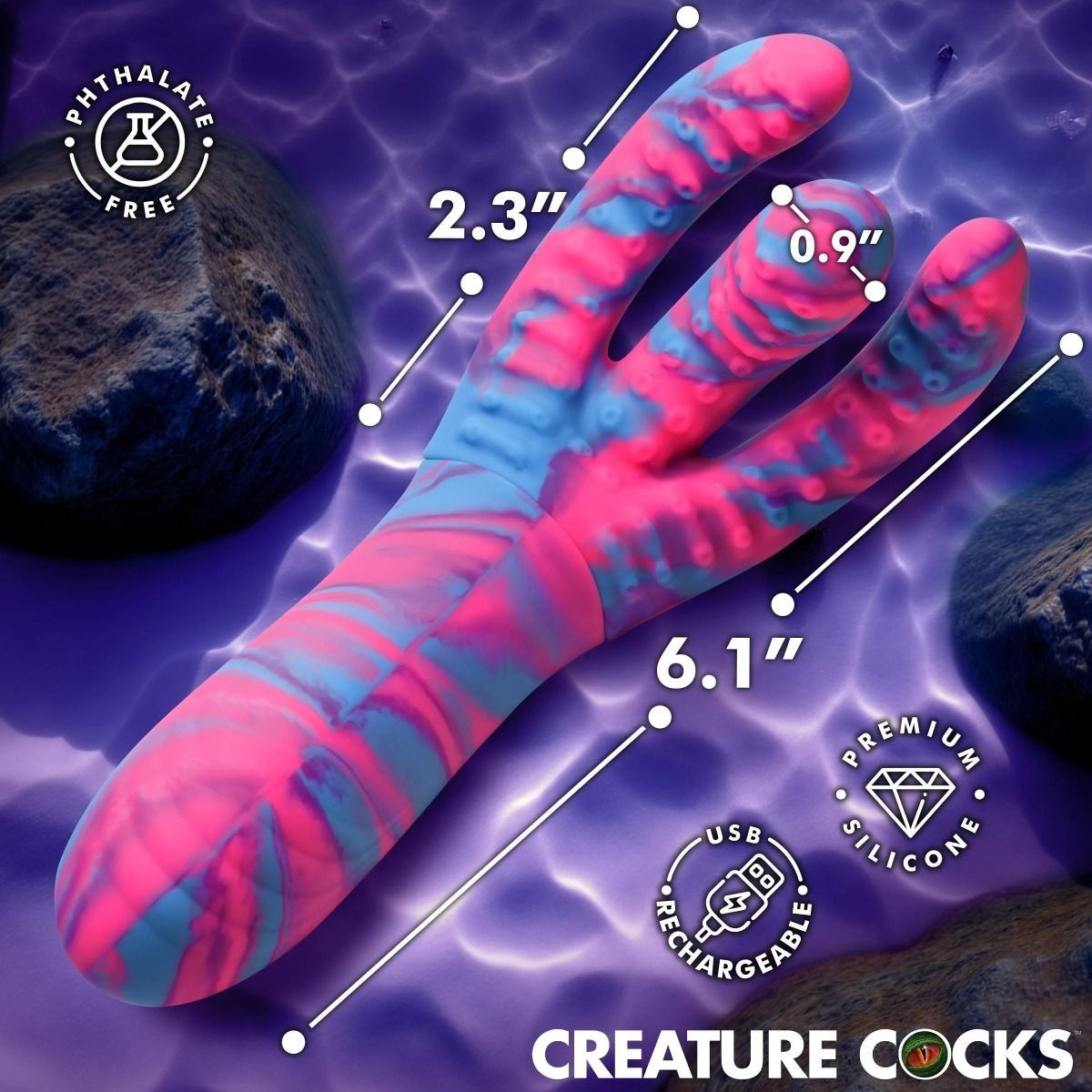 Colorful silicone product with measurements and branding on a cosmic-themed background