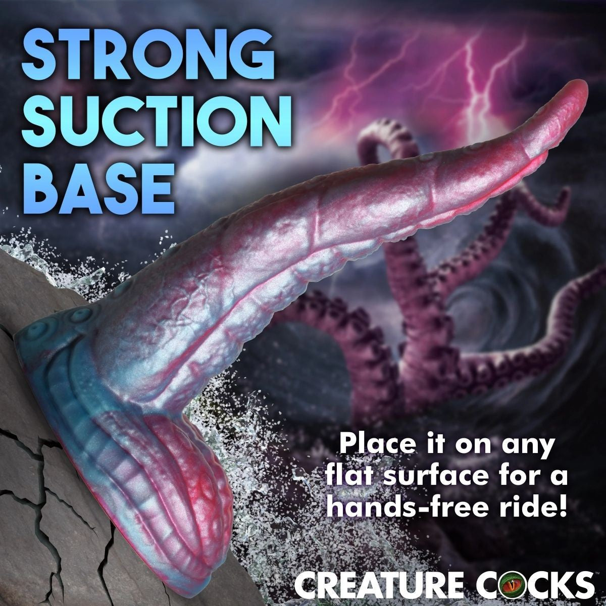dildo advertisement with a tentacle-like theme and suction cup, featuring text about a 'strong suction base'.