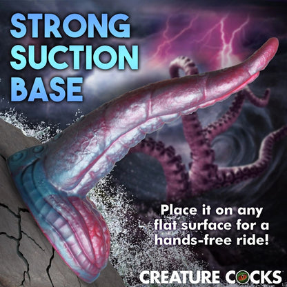 dildo advertisement with a tentacle-like theme and suction cup, featuring text about a 'strong suction base'.