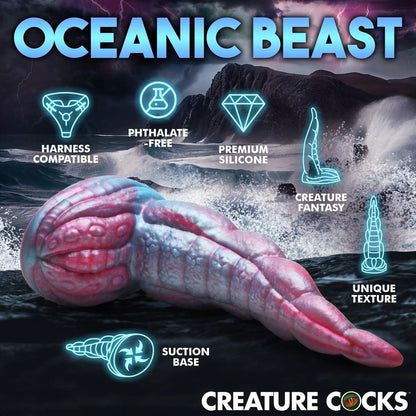 Oceanic Beast dildo product with features highlighted against a dark ocean background