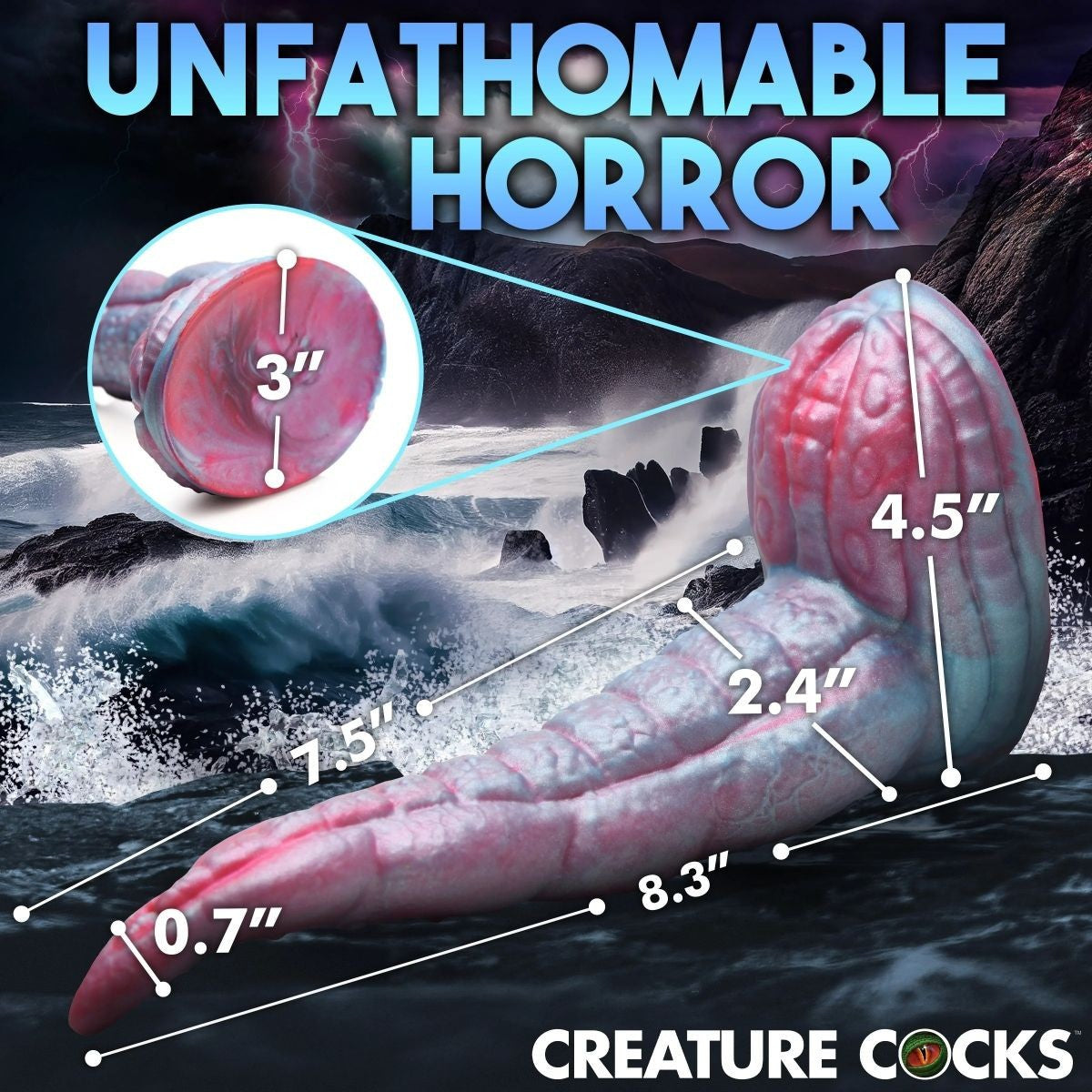 Illustration of a creature dildo with measurements labeled, set against a dark background with text 'Unfathomable Horror'.