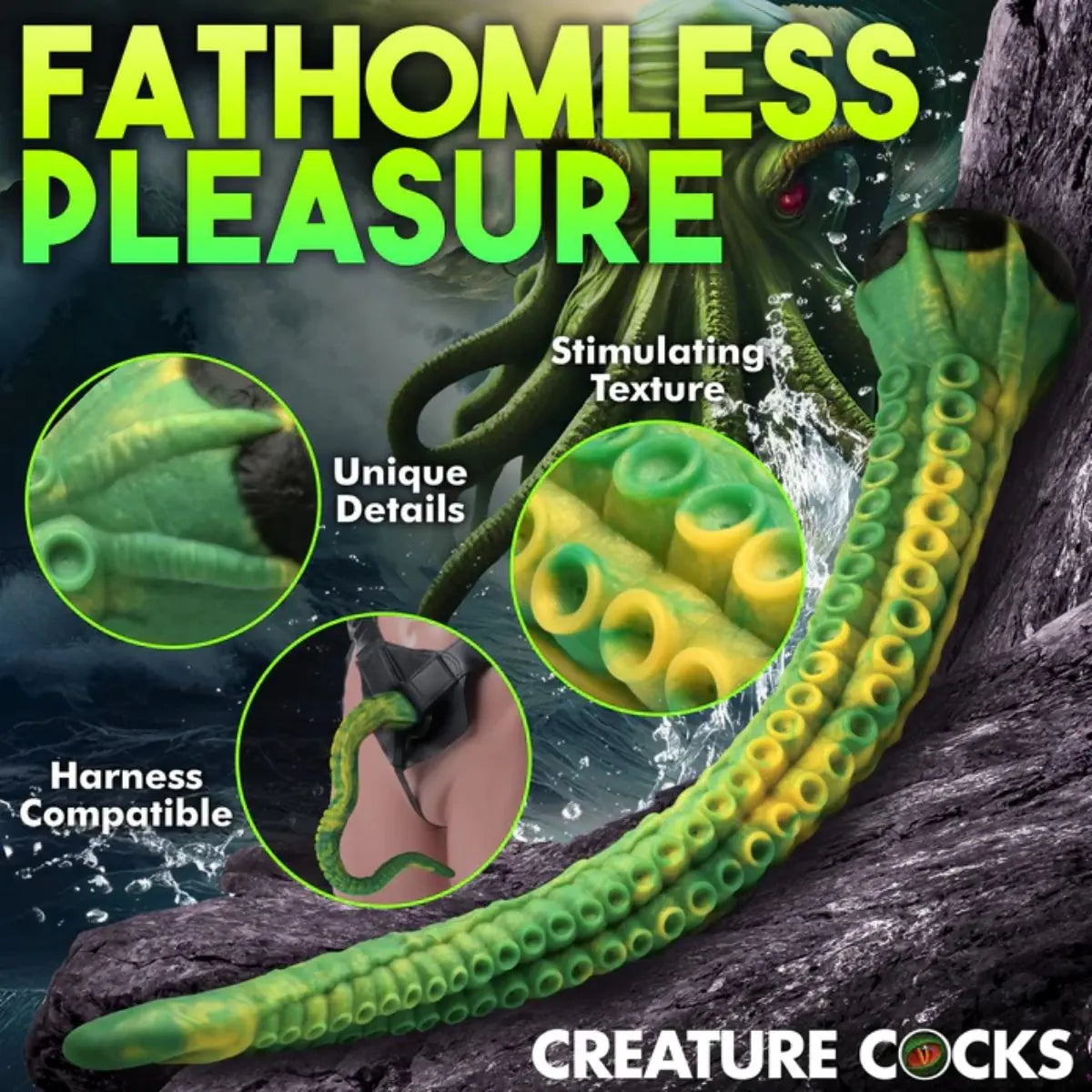 Green and yellow octopus-like sex toy with text highlighting features on a dark background.