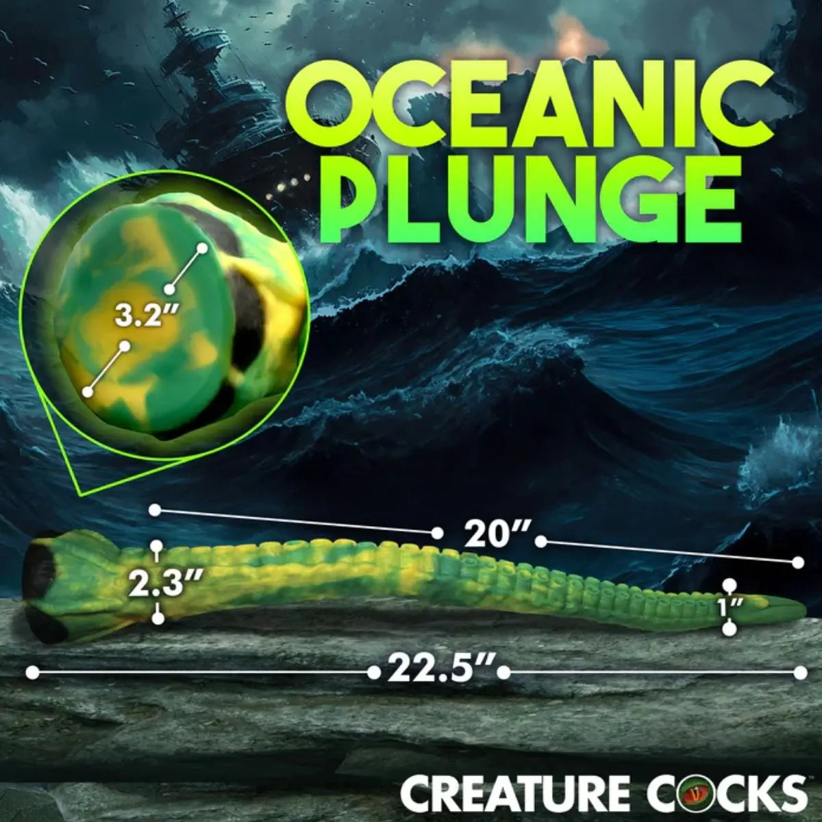 Green and yellow creature cock with measurements against an oceanic background