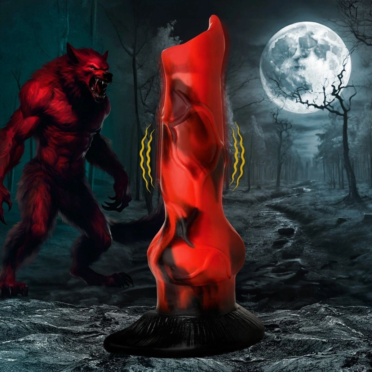 Red vibrating dildo and red wolf-like creature in a dark forest with a full moon.