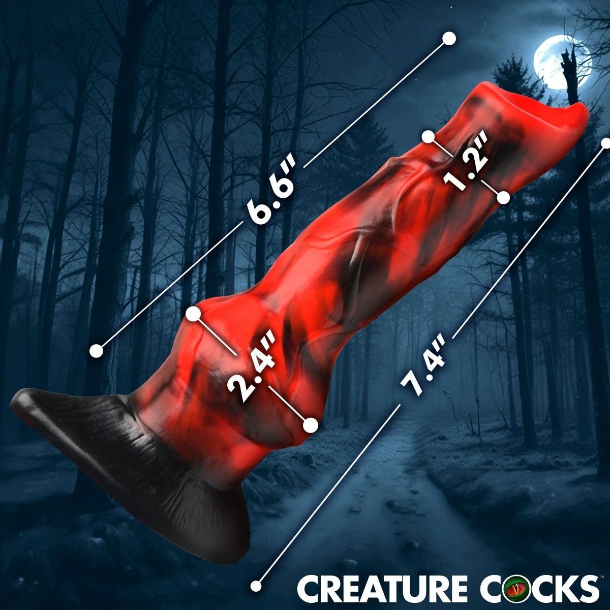 Measurement chart of a red dildo with annotations against a dark forest background, featuring the brand 'Creature Cocks'.