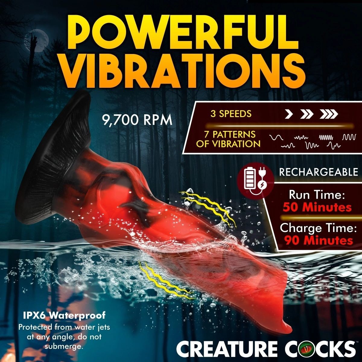 Advertisement for a product called 'Creature Cocks' with text about powerful vibrations, speeds, patterns, rechargeability, and waterproof features.