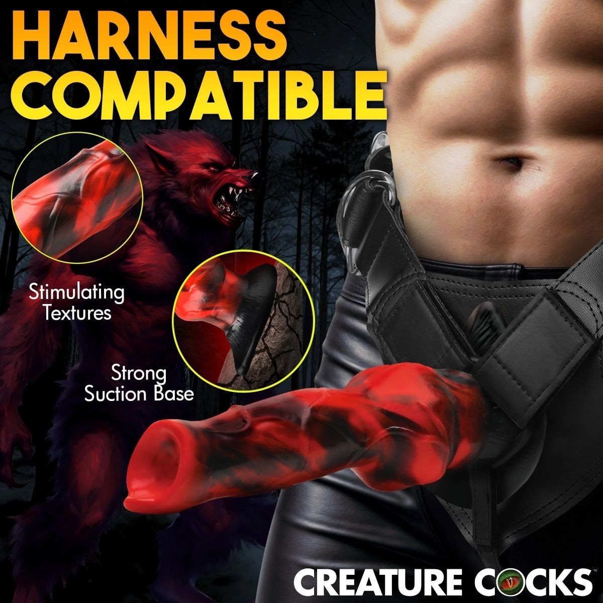 Product advertisement for a harness-compatible device with red wolf graphic and text highlighting features.