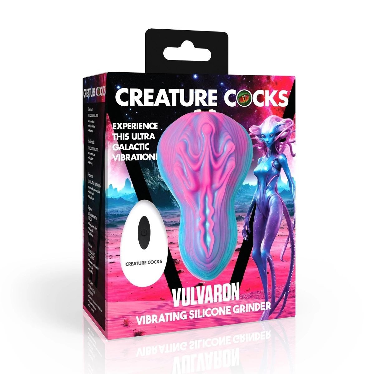 Box of Creature Cocks Vulvaron Vibrating Silicone Grinder with colorful design and text.