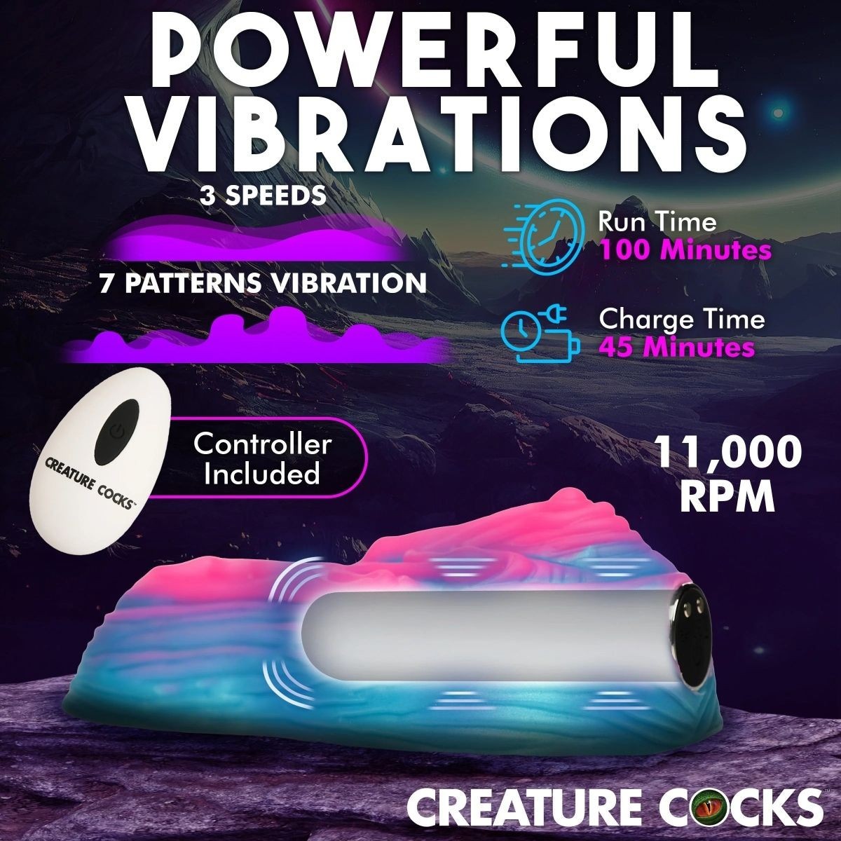 Product advertisement for a vibrator with colorful elements and text highlighting features like 'Powerful Vibrations' and '11,000 RPM'.