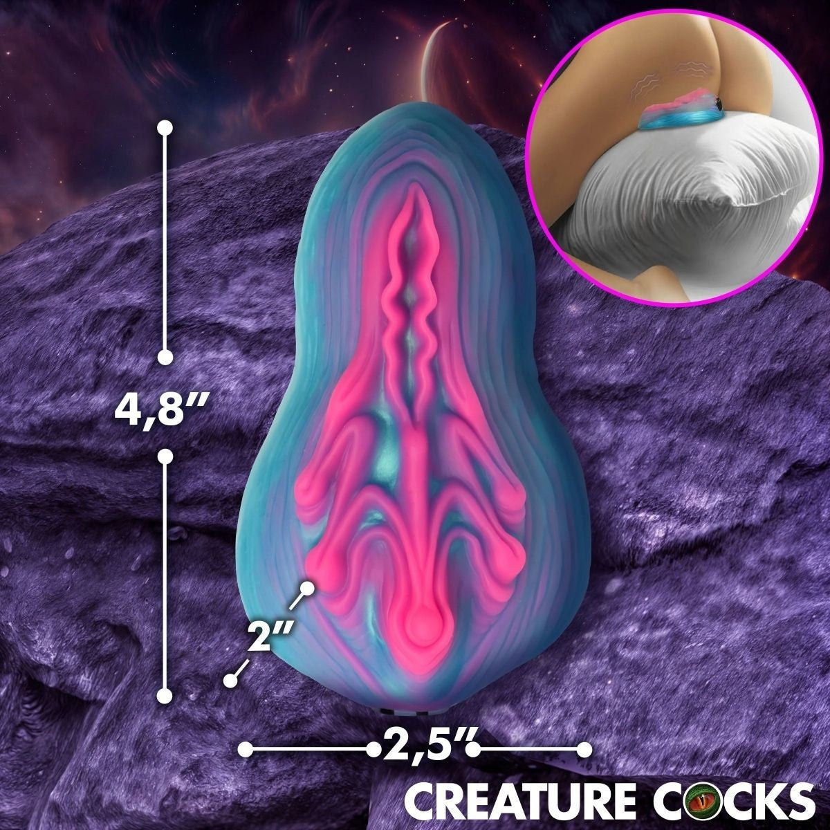 Illustration of a creature vibe with measurements on a purple textured background, featuring the brand 'Creature Cocks'.