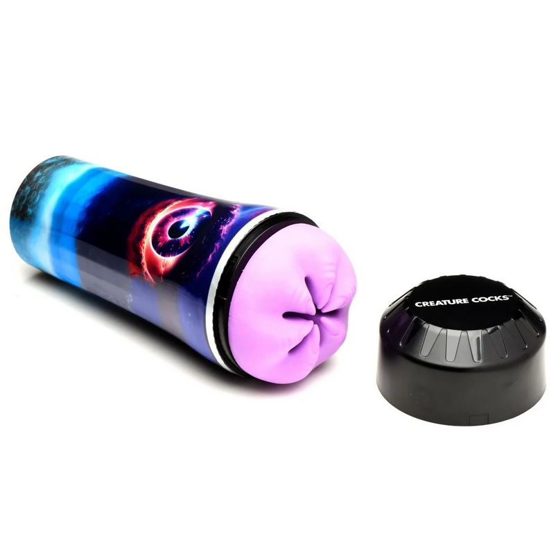 Sex toy with colorful design and black cap on a white background