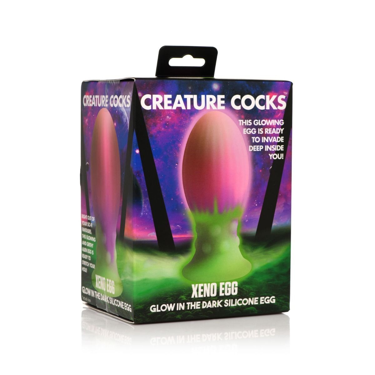 Box of 'Creature Cocks' Xeno Egg glow-in-the-dark silicone egg on a white background