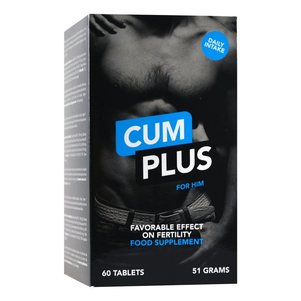 Box of 'Cum Plus' food supplement for men with a black and gray design.