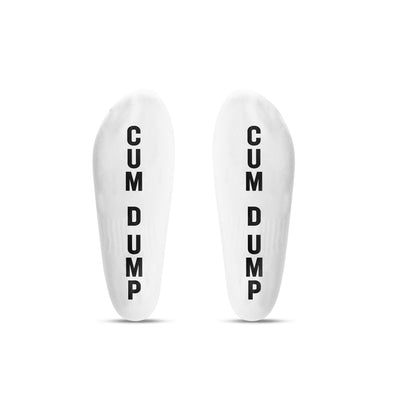 Two white socks with 'CUM DUMP' text on a white background