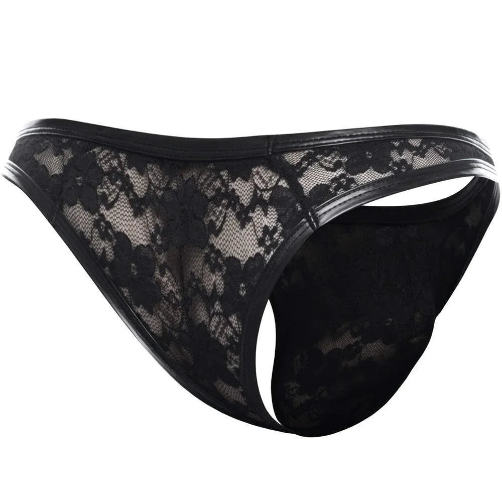 Cut4Men Male L4CE Thong 03 Black Floral Lace Mesh Small - Extra Large on a white background