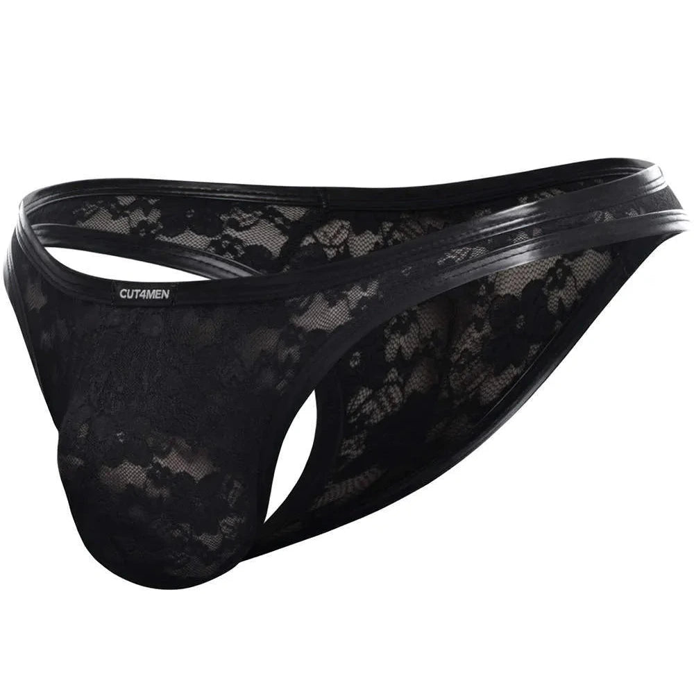 Cut4Men Male L4CE Thong 03 Black Floral Lace Mesh Small - Extra Large on a white background