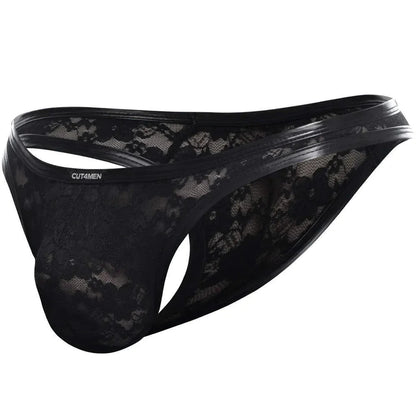 Cut4Men Male L4CE Thong 03 Black Floral Lace Mesh Small - Extra Large on a white background