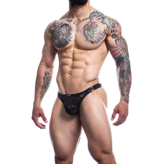 Cut4Men Male L4CE Thong 03 Black Floral Lace Mesh Small - Extra Large on a white background