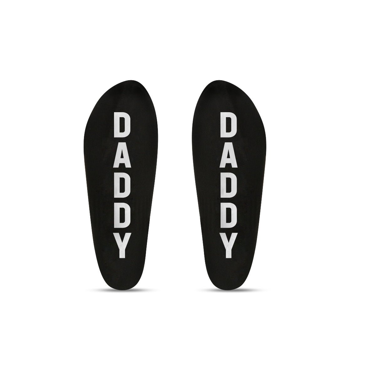 Two black socks with 'DADDY' printed on them against a white background
