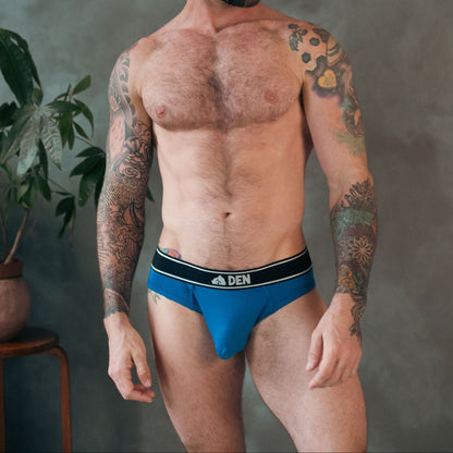 Man wearing a blue underwear with a brand logo against a gray background