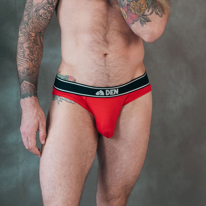 Man wearing red underwear with a gray background
