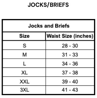 Table showing waist size ranges for jocks and briefs in various sizes.