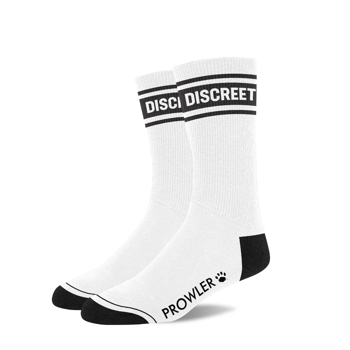 White socks with black text and accents on a white background