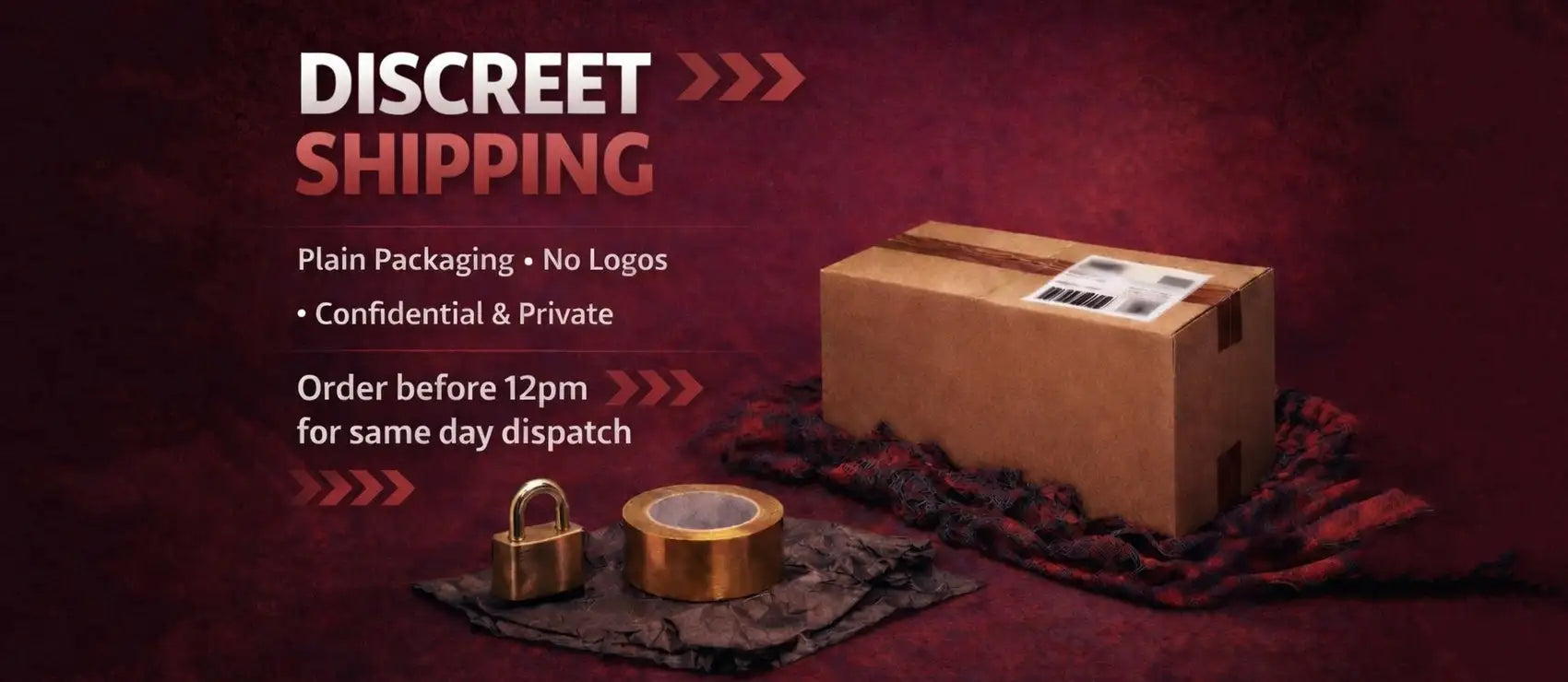 Cardboard box with padlock and tape on a dark red background, promoting discreet, private shipping and fast dispatch.