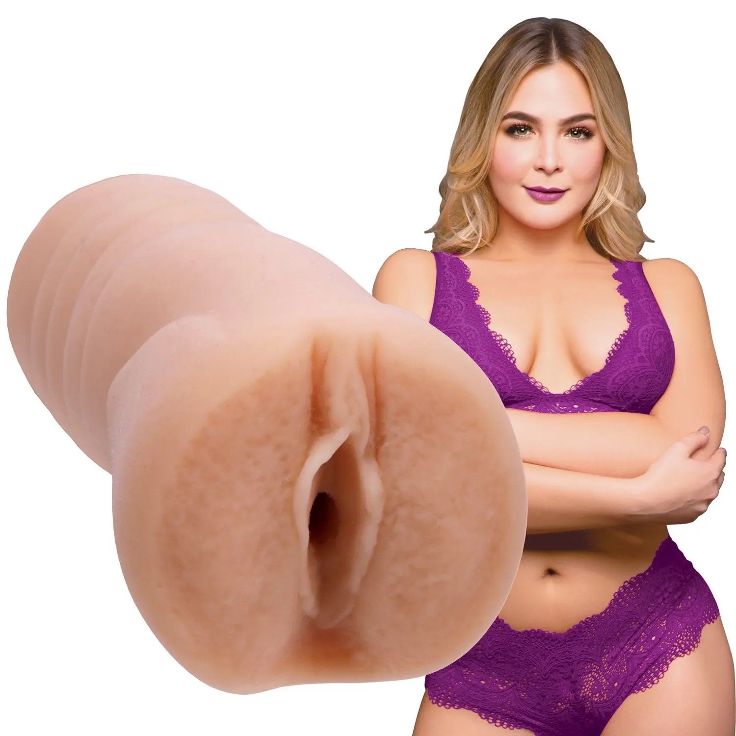 Woman in purple lingerie with a close-up of a realistic silicone product on a white background