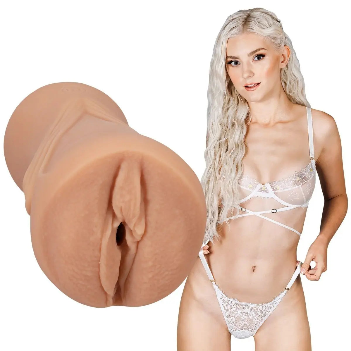 Woman in white lingerie with a close-up of a beige silicone masturbator on a white background