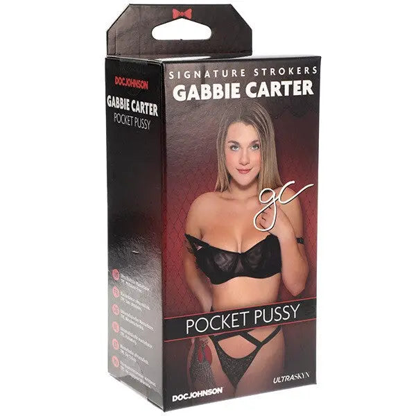 Product packaging for 'Pocket Pussy' by Gabbie Carter with branding and product details.