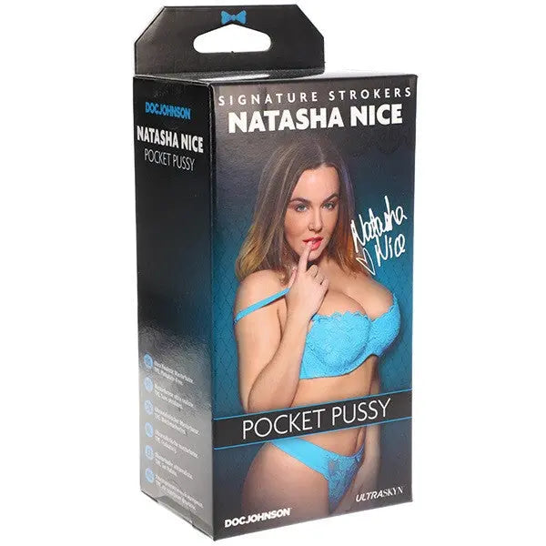Product packaging for 'Pocket Pussy' by Natasha Nice with a model in a blue lingerie set on a white background.