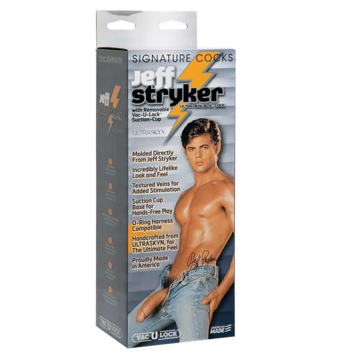 Product packaging for Jeff Striker with a model on a white background