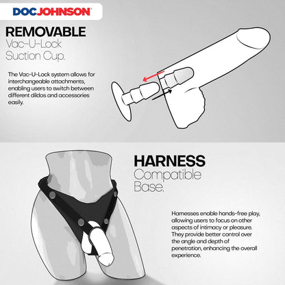 Diagram of Doc Johnson's Removable Vac-U-Lock Suction Cup and Harness Compatible Base on a gray background.